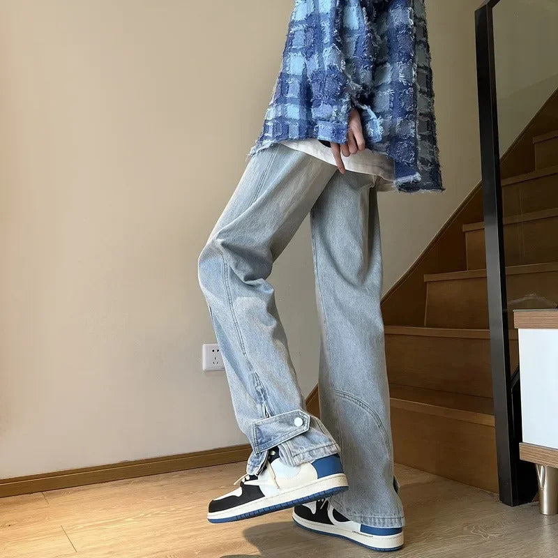 牛仔裤男Trendy Vibe 2024 American Style Vintage Light Blue Jeans Mens Slim Fit Casual High Street Bootcut Pants Side Slit Smooths Your S