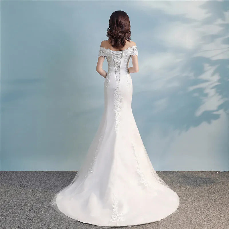 礼服女Y&M Novias Cheap New Arrival Lace Satin Mermaid Wedding Dresses Boat Neck Off Shoulder Wedding Gown Bride Dress  Robe de mariage