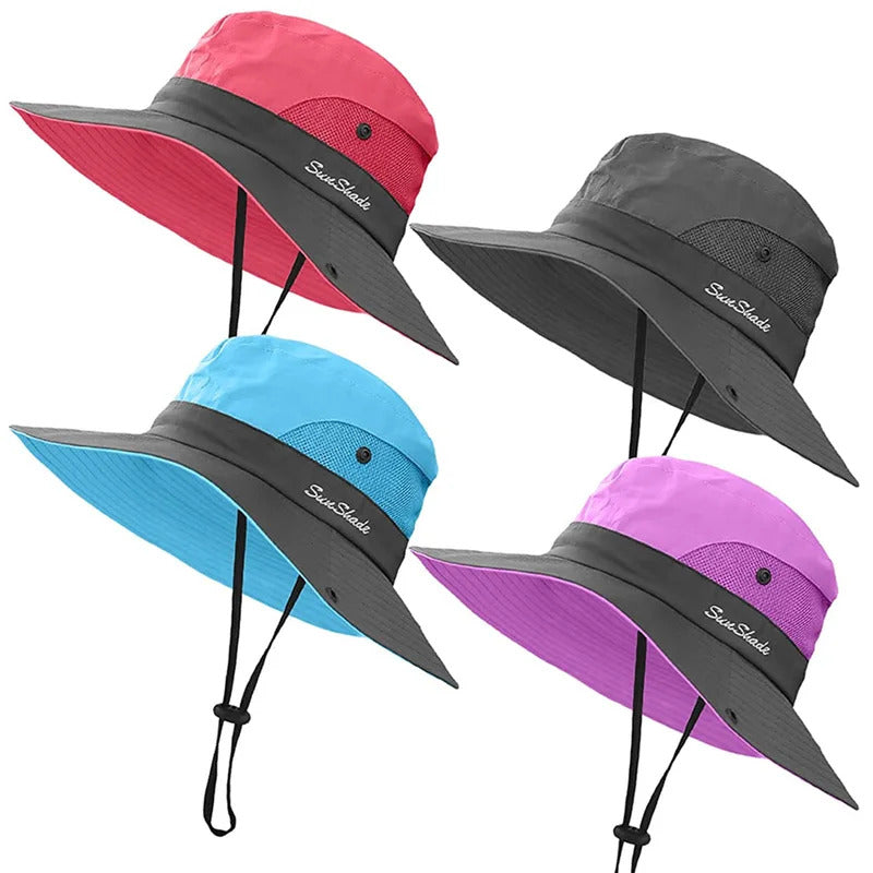 帽子女Women's Ponytail Sun Hat Outdoor UV Protection Foldable Mesh Wide Brim Beach Fishing Hat Summer Wide Brim Bob Hiking Bucket Hat