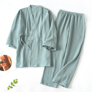 睡衣男2025 Japanese Kimono Set 100%Cotton Pajamas Two-piece Couple Yukata Loose Men's And Women's Sweat Steaming Suit Home Service Set