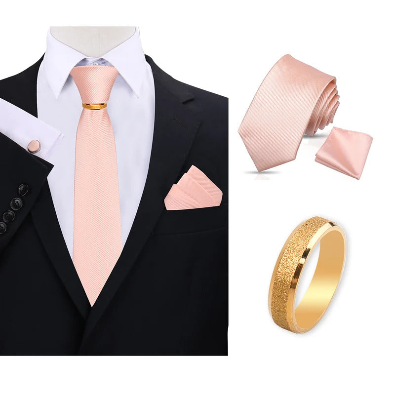 领带男Tie For Men Neckties With Gold Matal Ring Round Tie Pin Brooch Necktie Set Cufflinks Pocket Handkerchief Wedding Man Accessories