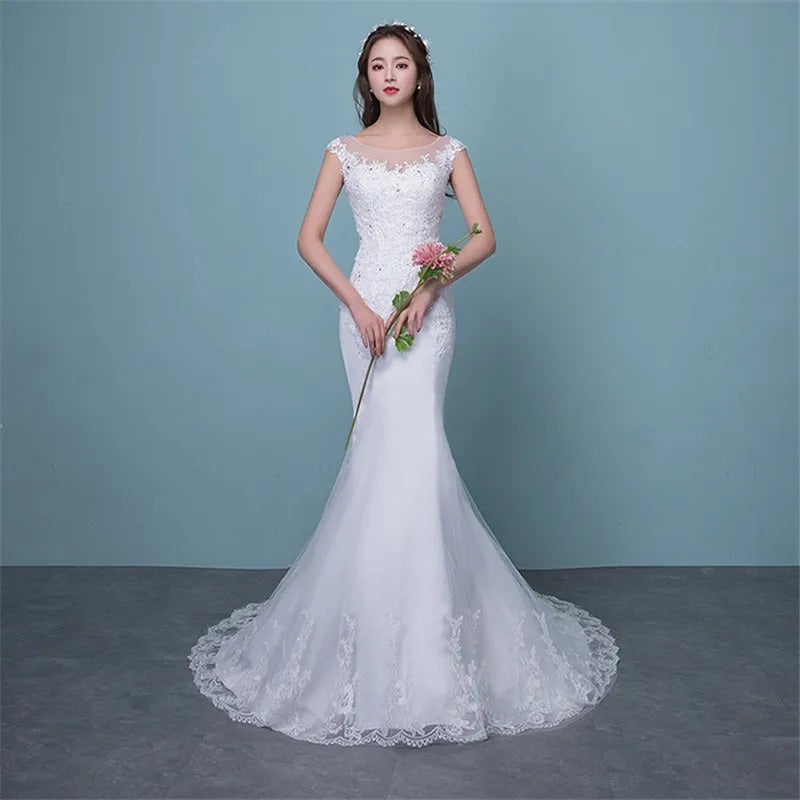 礼服女Y&M Novias Illusion Sexy Mermaid Wedding Dress New Style Korean Lace Appliques Sequined Fishtail Bride Princess estidos de noiva