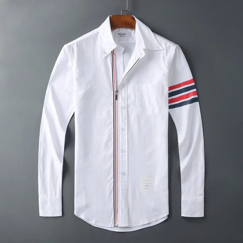 衬衫男Tb Jltrendy Brand Casual Oxford Cloth Striped Zipper Cardigan Jacket Single Sleeve Men Women's Fashion Similar Style