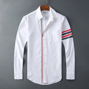 衬衫男Tb Jltrendy Brand Casual Oxford Cloth Striped Zipper Cardigan Jacket Single Sleeve Men Women's Fashion Similar Style