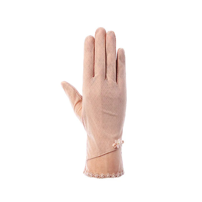 防晒手套女Sexy Summer Women UV Sunscreen Short Sun Screen Pearl Flowers Gloves Thin Ice Silk Lace Touch Screen Viscose Driving Gloves J53