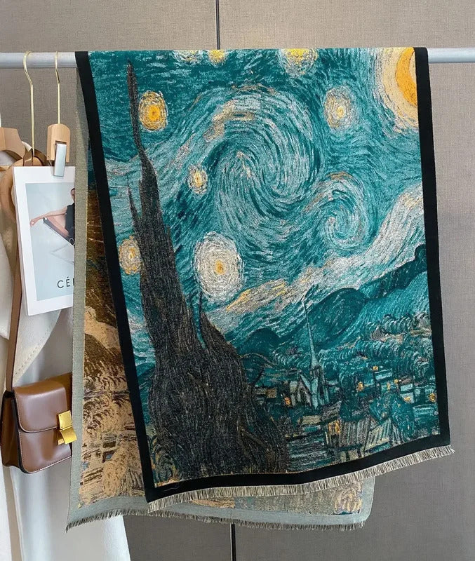 丝巾女2023 Winter Cashmere Scarf Pashmina Retro Oil Painting Print Thickened Scarf Women Warm Shawl Wraps Bufandas Poncho High Quality