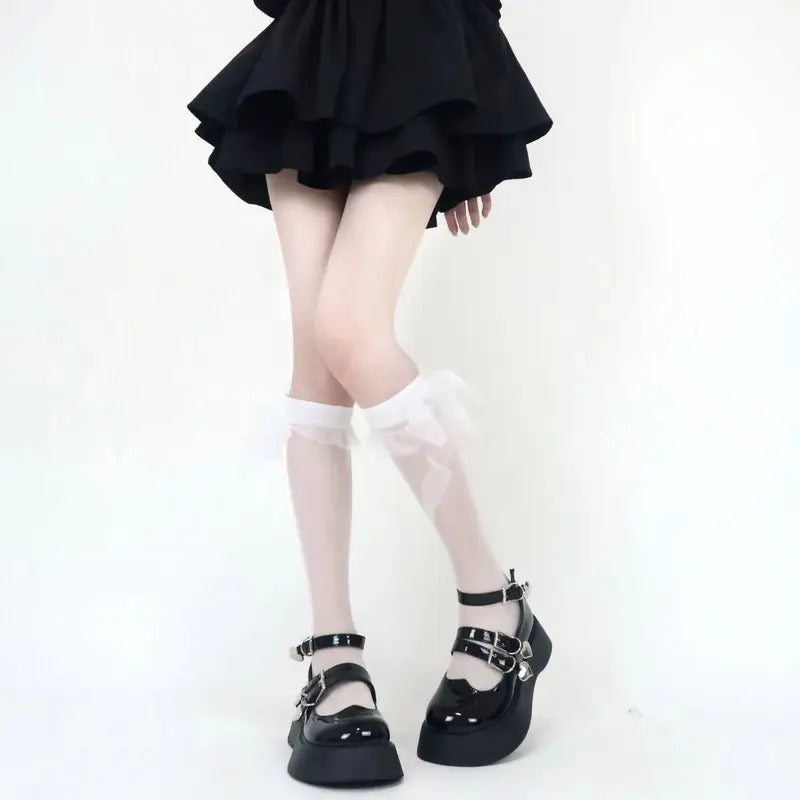 丝袜Stockings Woman Summer Thin Bowknot Lace Ribbon Black White Middle Tube Socks for Women JK Solid Color Lolita Cute Stockings